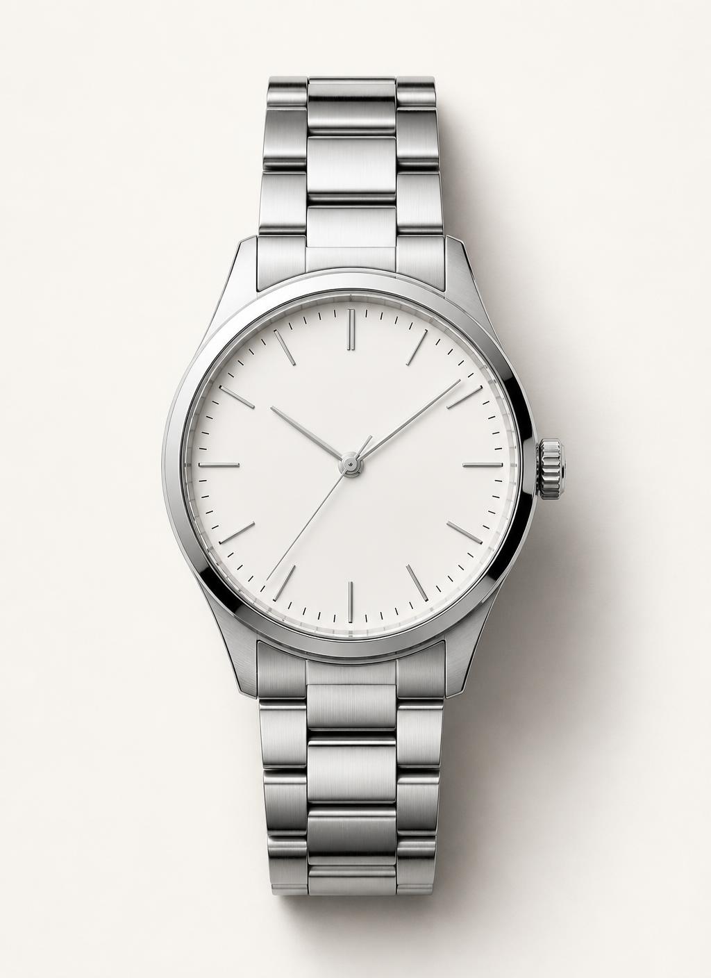 A 40mm mechanical wristwatch shown from above, with its case, dial, hands and bracelet visible