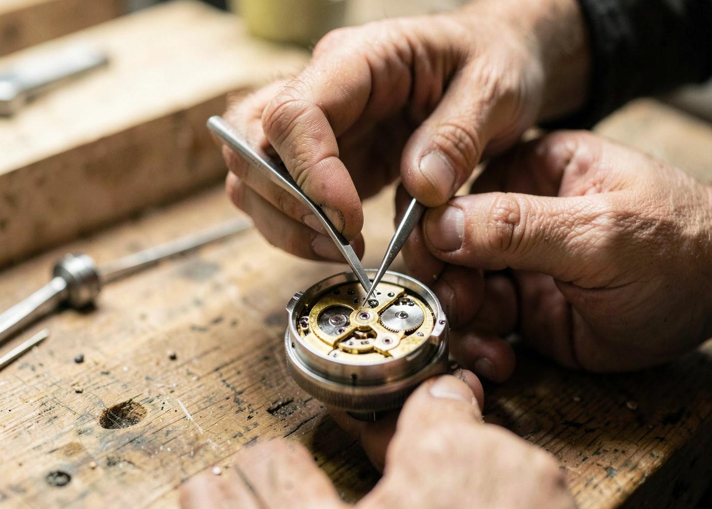 A watchmaker assembling a mechanical movement with tweezers at a workbench