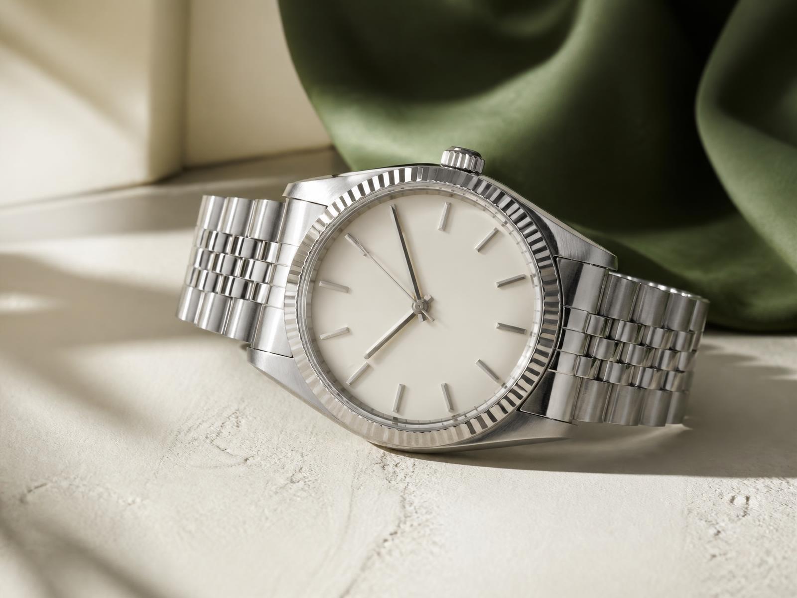 A 40mm mechanical wristwatch on a warm off-white surface with deep green fabric behind it